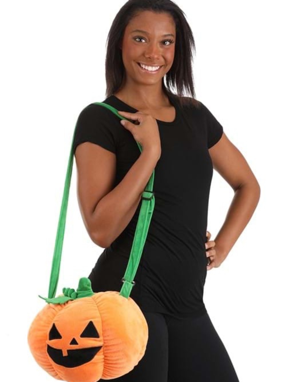 Plush Orange Pumpkin Crossbody Bag with Green Strap